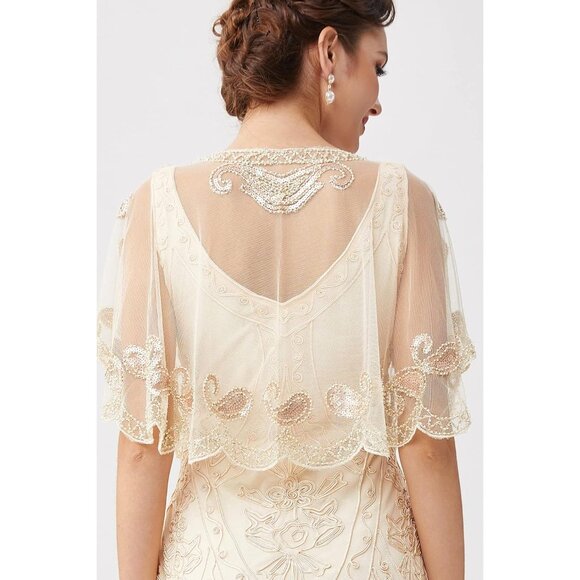 🆕 Women Cream Sequin Beaded Evening Cape Bridal Shawl Bolero Flapper Cover Up - Picture 4 of 6